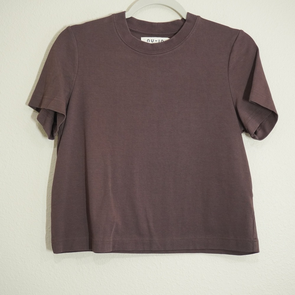 nu-in Women's Size Medium Cropped T-Shirt Brown 100% Cotton Short Sleeve